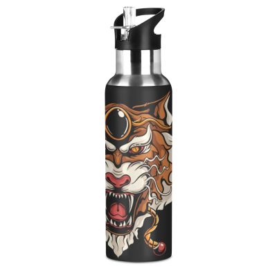 Vnurnrn Tiger Print Water Bottle with Straw, 600 ml, 18/8 Stainless Steel Vacuum Insulated