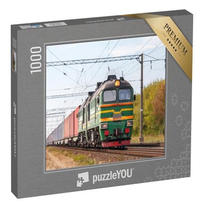 puzzleYOU: 1000-Piece Puzzle of Green Diesel Locomotive 2M62 Pulling a Freight Train