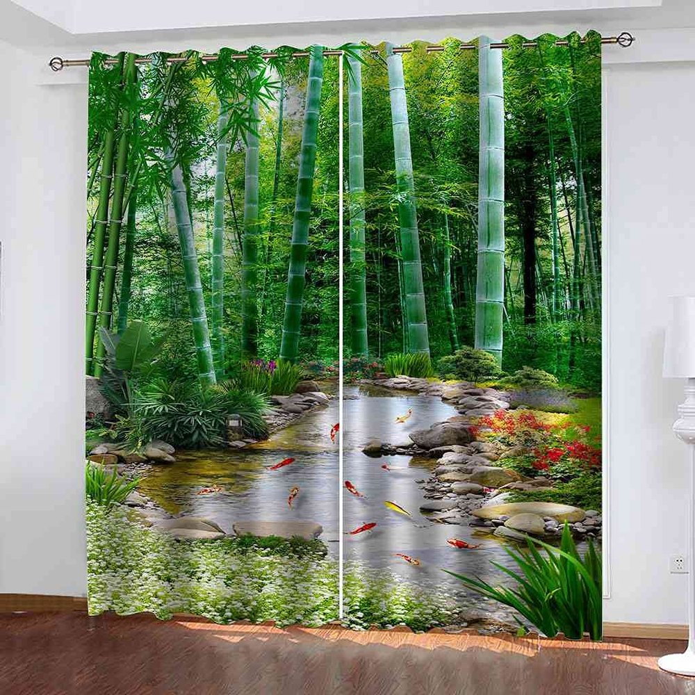 KQDMYT Blackout Grommet Curtains, Green Bamboo Forest Stream, 234 x 183 cm, Set of 2