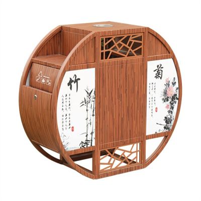 Outdoor Recycling Bin, Double-Compartment Round Bin with Wood-Grain Finish