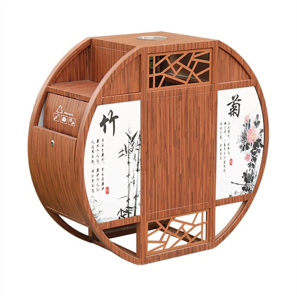 Outdoor Recycling Bin, Double-Compartment Round Bin with Wood-Grain Finish