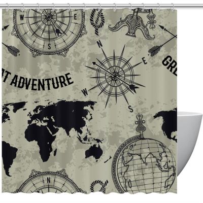 Vintage World Map Nautical Compass Shower Curtain with Hooks, 183 cm