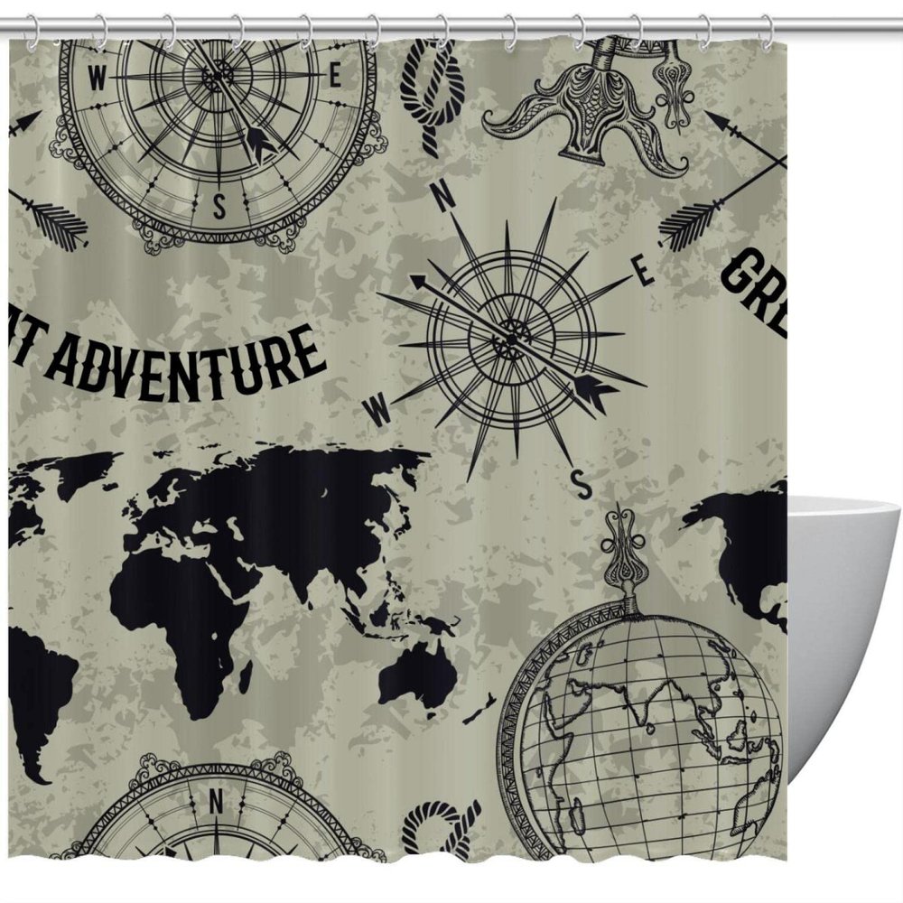 Vintage World Map Nautical Compass Shower Curtain with Hooks, 183 cm