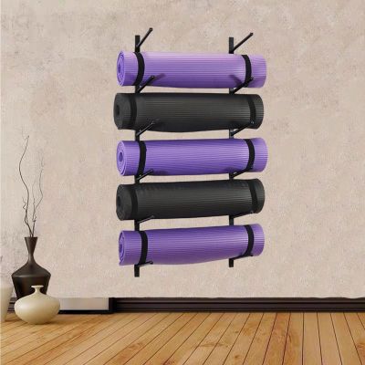 DRSFF Wall-Mounted Yoga Mat and Foam Roller Organizer Rack, 6-Tier Metal, White/Black/Gold (Color B)