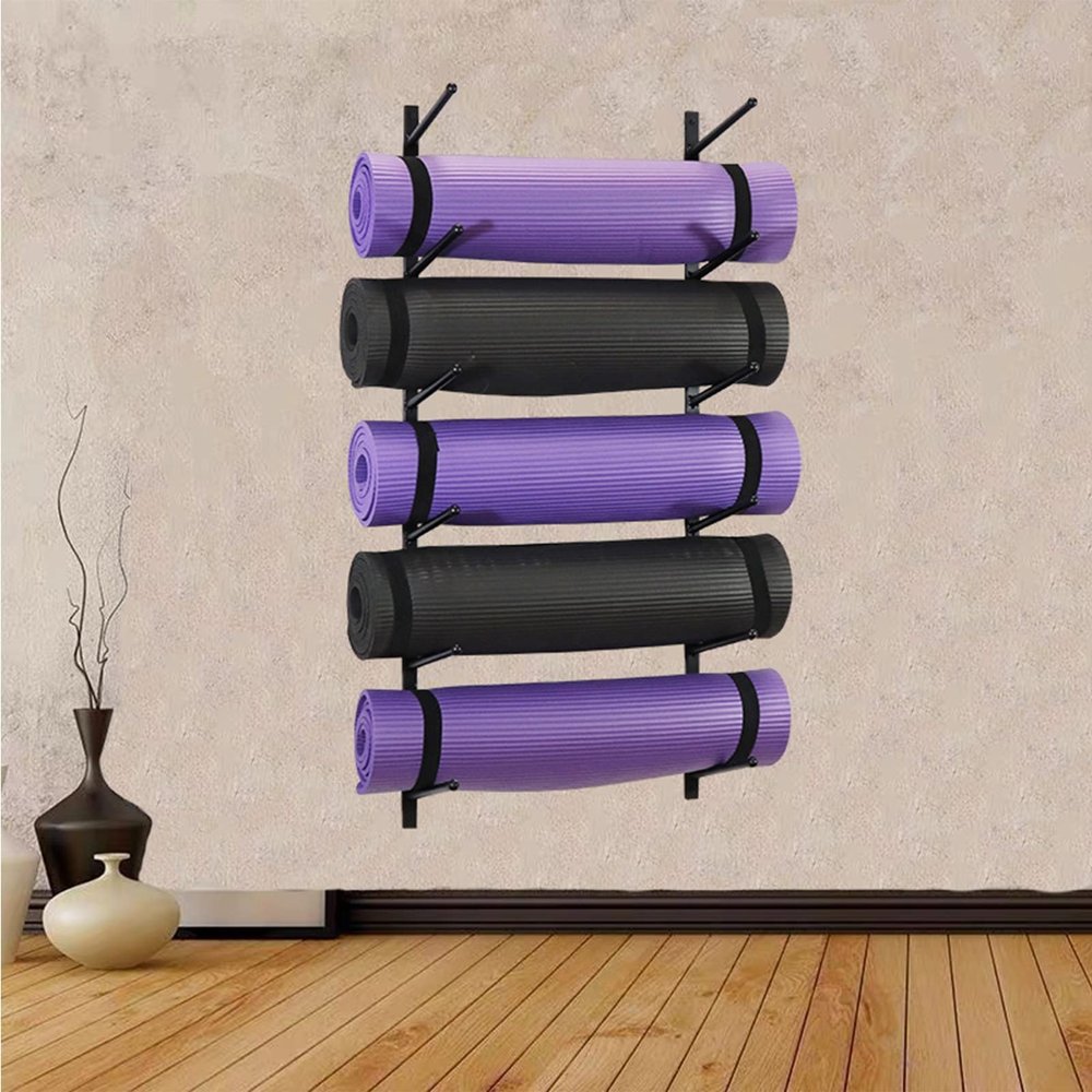 DRSFF Wall-Mounted Yoga Mat and Foam Roller Organizer Rack, 6-Tier Metal, White/Black/Gold (Color B)