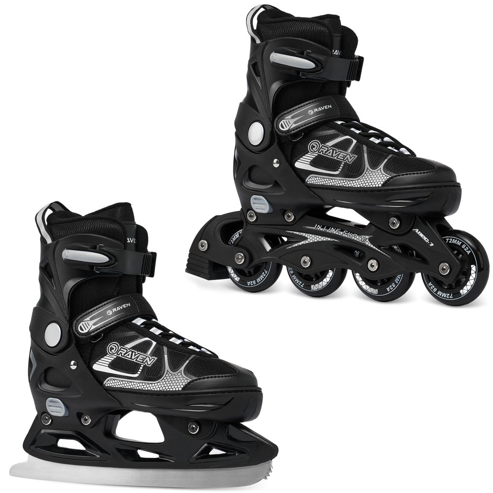 RAVEN Adjustable Inline Skates for Children and Adults, Optional 2-in-1 with Ice Skate Blades, Spirit Black/White, Size 40–43 (25.5–28 cm)