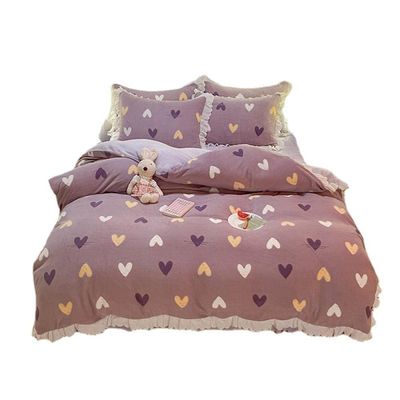 4-Piece Warm Winter Bedding Set, Purple Korean-Style Polka Dot Milk Fleece