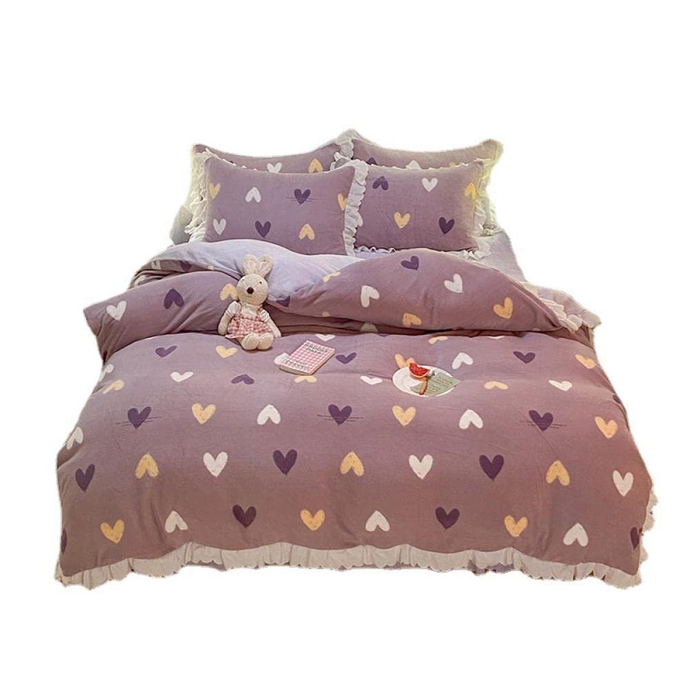 4-Piece Warm Winter Bedding Set, Purple Korean-Style Polka Dot Milk Fleece