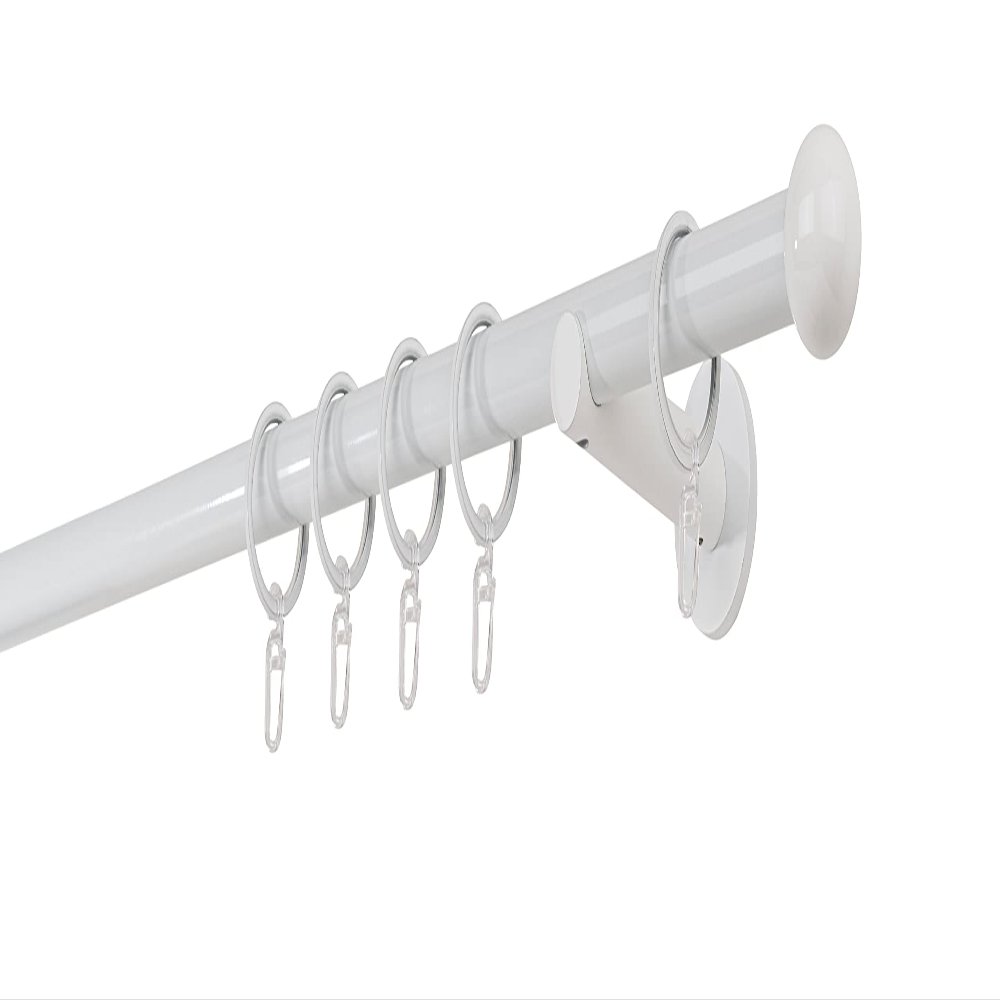 ondeco Custom Curtain Rod, 20 mm, Ball Finial, Single Rod, 12 cm Wall Brackets, Rings, White, 370 cm