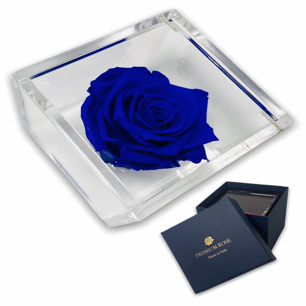 Passionefiori.it S 1011 Luxury Stabilized Rose in Genuine Plexiglass Cube, 8 cm, with Luxury Gift Box, Pink Rose, Blue Cube