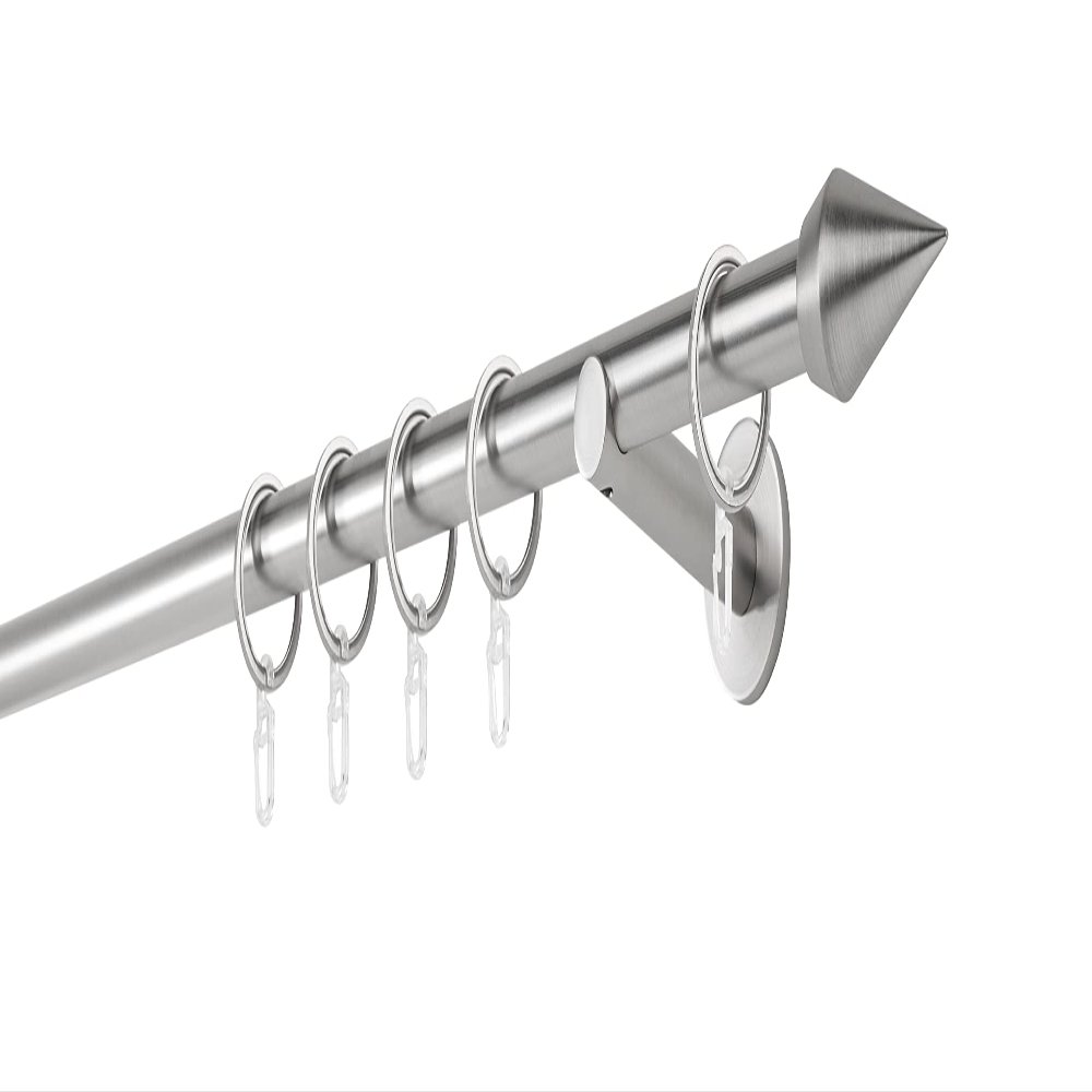ondeco Custom-Made Curtain Rod, 20 mm Cone, Single Track, 12 cm Wall Brackets, Rings, Stainless Steel Look, 220 cm