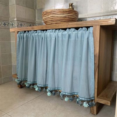 Retro Crochet Cafe Curtain, Country-Style Vintage Kitchen Curtain, Blue, W100 × H60 cm