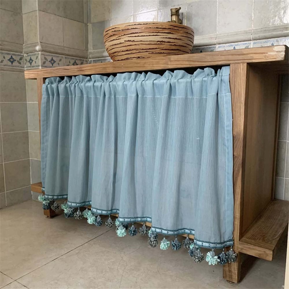Retro Crochet Cafe Curtain, Country-Style Vintage Kitchen Curtain, Blue, W100 × H60 cm