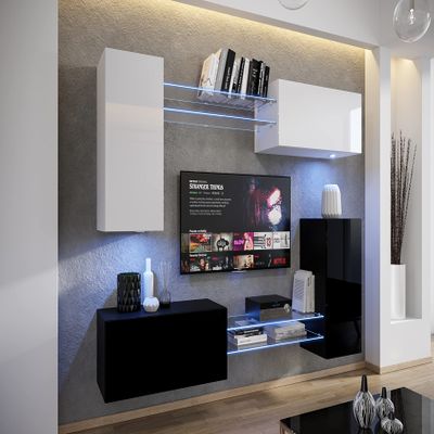 Furnitech Living Room Wall Unit with White LED, Shelves and TV Cabinet (AN57N-21WB-HG4-1A)