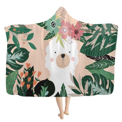 HUGS IDEA Alpaca Hooded Blanket, Portable, Cartoon Llama, Tropical Plant, Jungle Flower, Warm and Cozy, Nap Wrap, Size S
