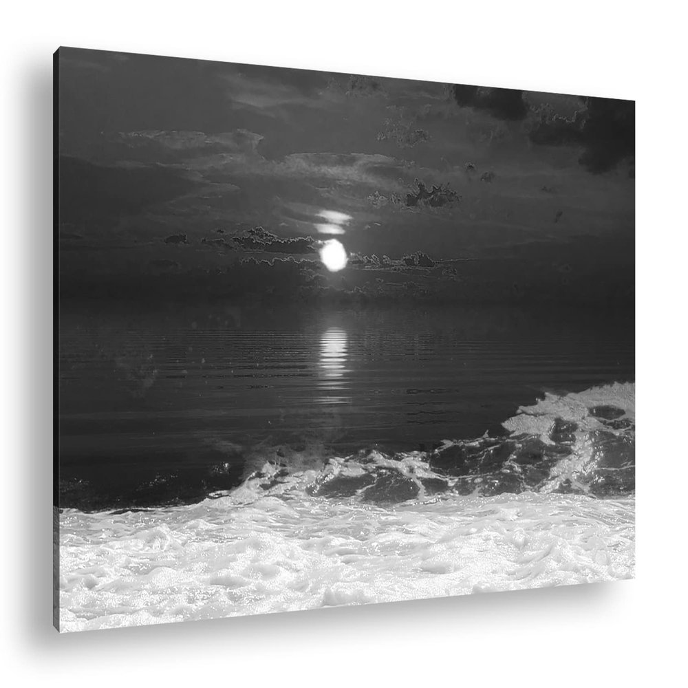 Canvas Print Red-Orange Sunset at the Beach Rays of the Evening 80 x 60 cm Black & White XXL Effect Fine Art Print on Stretcher Frame Wall Art Living Room Decor
