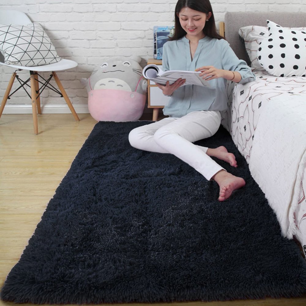 CHBIN Shaggy Rug 40 x 80 cm, Long-Pile Plush Carpet, Washable, Black