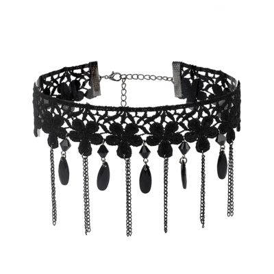 ZXCL Gothic Black Pearl Flower Lace Choker Necklace with Vintage Tassel