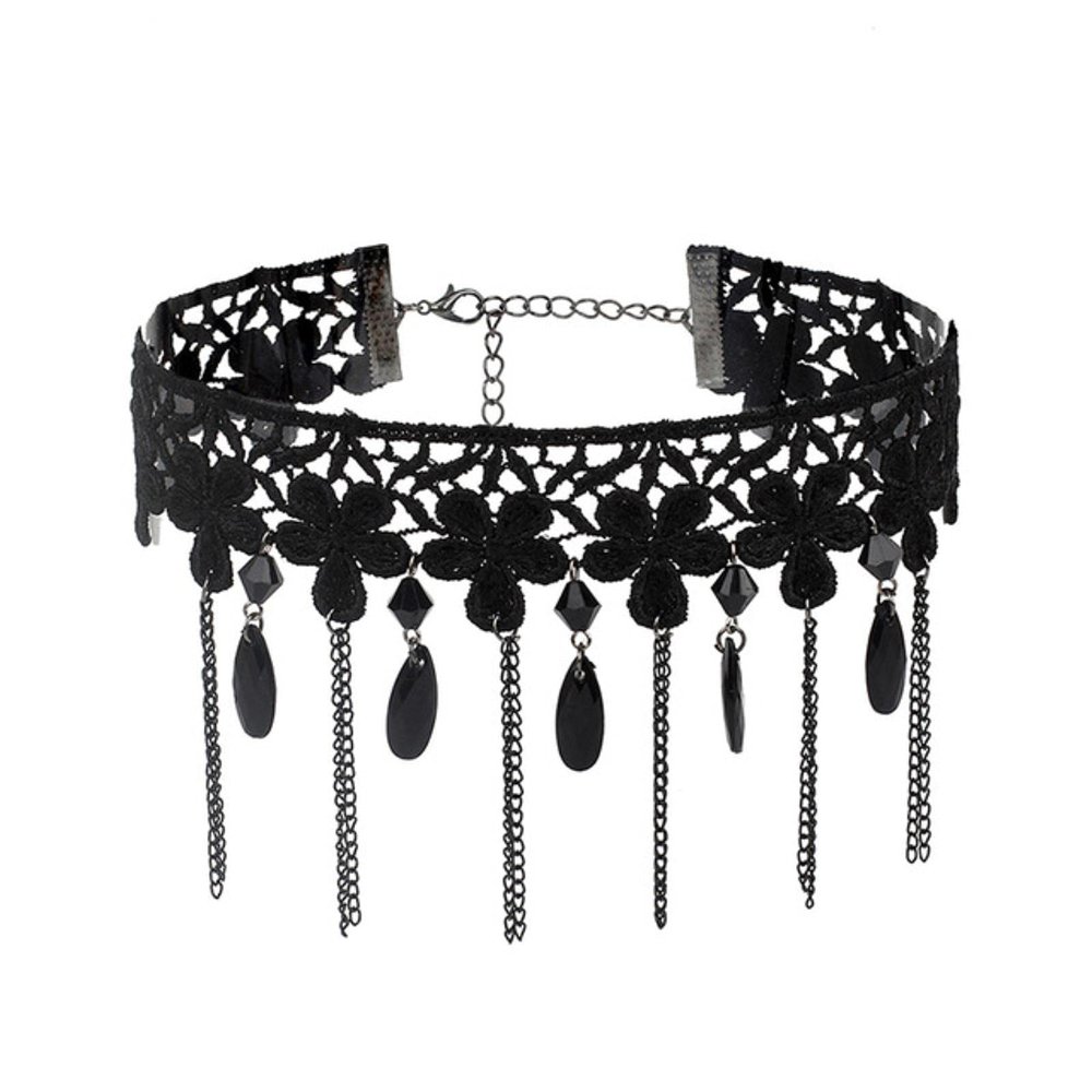 ZXCL Gothic Black Pearl Flower Lace Choker Necklace with Vintage Tassel