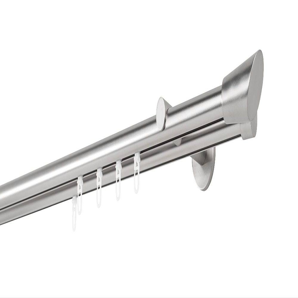 ondeco Custom-Size Curtain Rod, 20 mm Internal Track, Rag Double-Track, 12 cm Wall Brackets, Stainless Steel Look, 280 cm