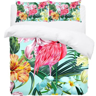 Flamingo Duvet Cover Set with Colorful Flowers and 3D-Printed Designs, 200.7 x 200.7 cm