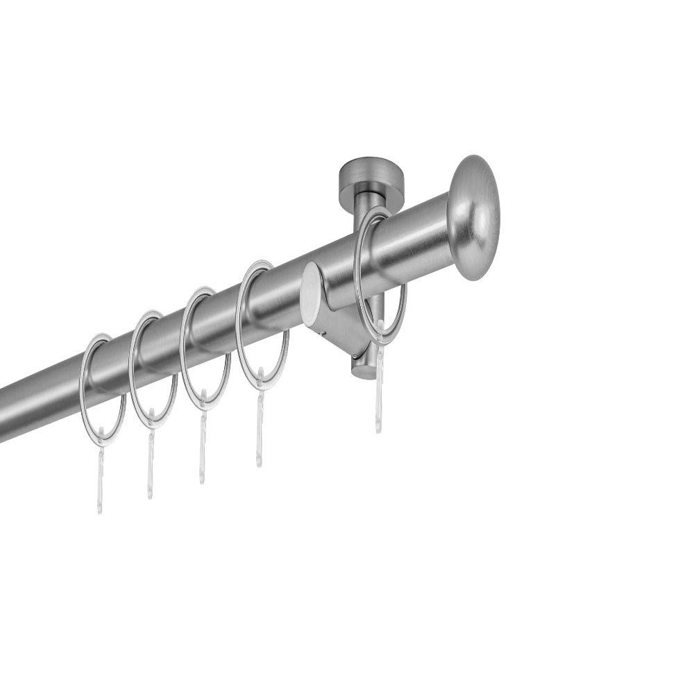 ondeco Custom-Length Curtain Rod, 20 mm, Ball Finial, Single Track, Ceiling Mount, 5.5 cm, with Rings, Stainless Steel Look, 340 cm