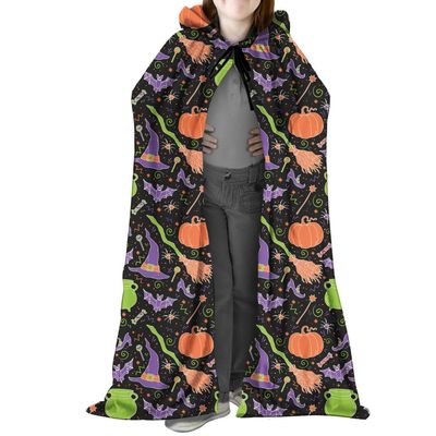 YUNHOME Hooded Blanket, Wearable Throw Blanket, Halloween Pumpkin Print, Hooded Mid-Length Skull Cape, Flannel, Four-Season Scarf