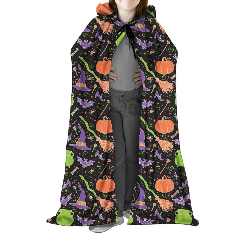 YUNHOME Hooded Blanket, Wearable Throw Blanket, Halloween Pumpkin Print, Hooded Mid-Length Skull Cape, Flannel, Four-Season Scarf