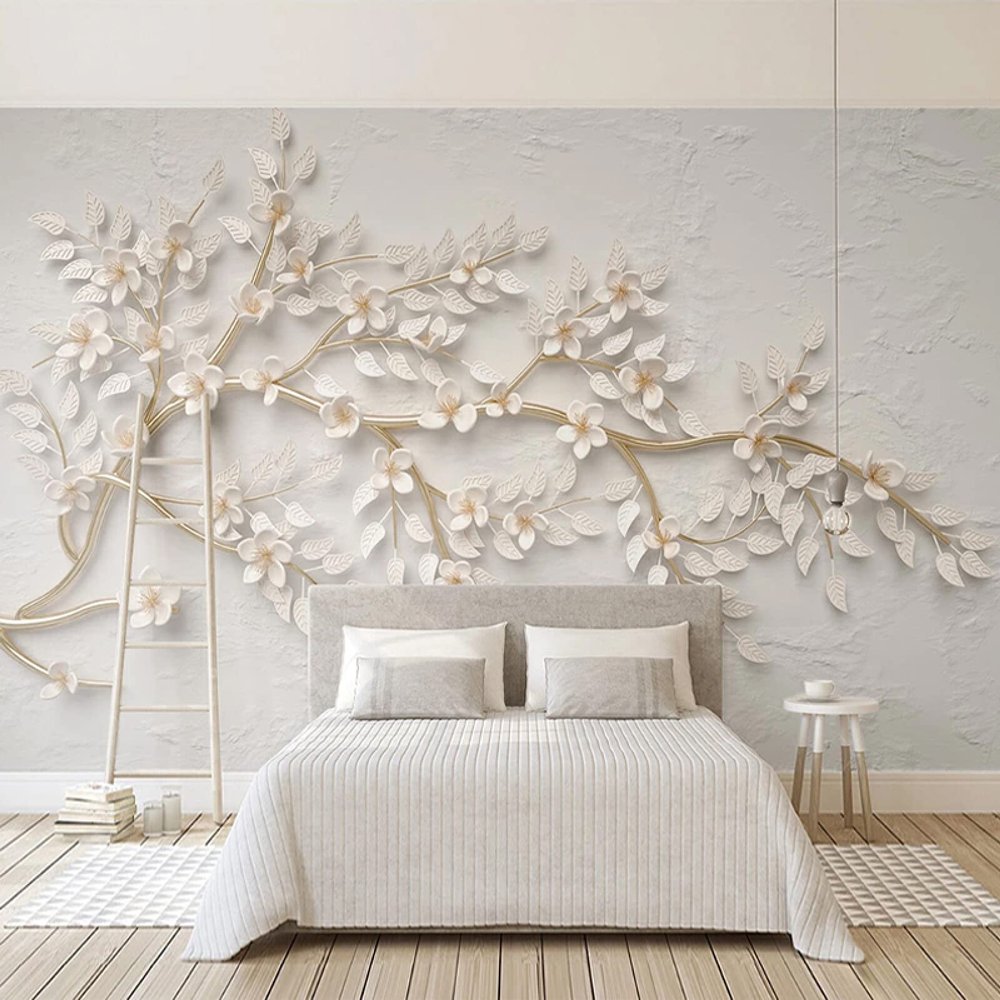 Custom Photo Wallpaper with Modern Gold Branches and White Flowers, 3D Embossed, 120 x 80 cm