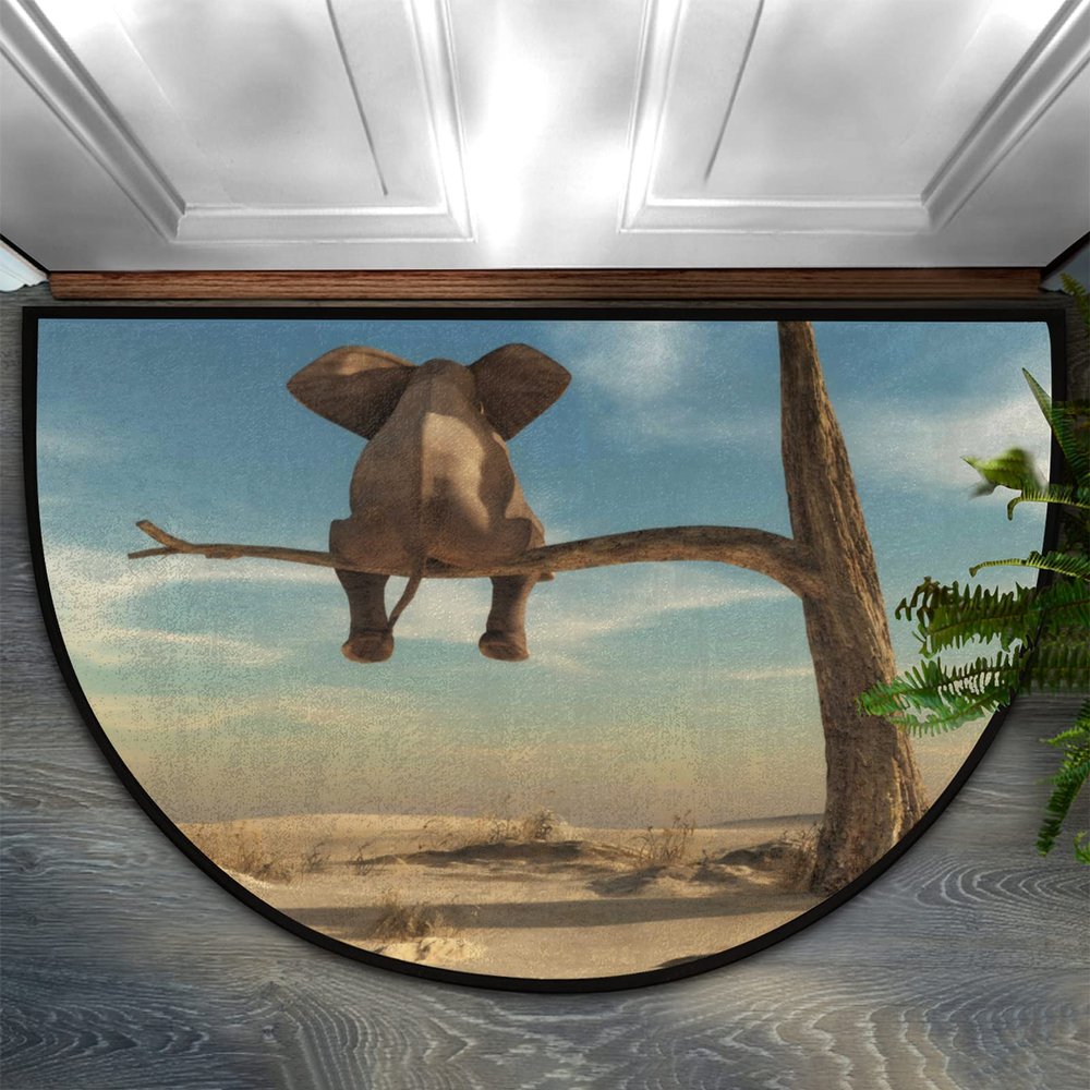 Half-Moon Elephant on a Branch Door Mat with Non-Slip Rubber Backing