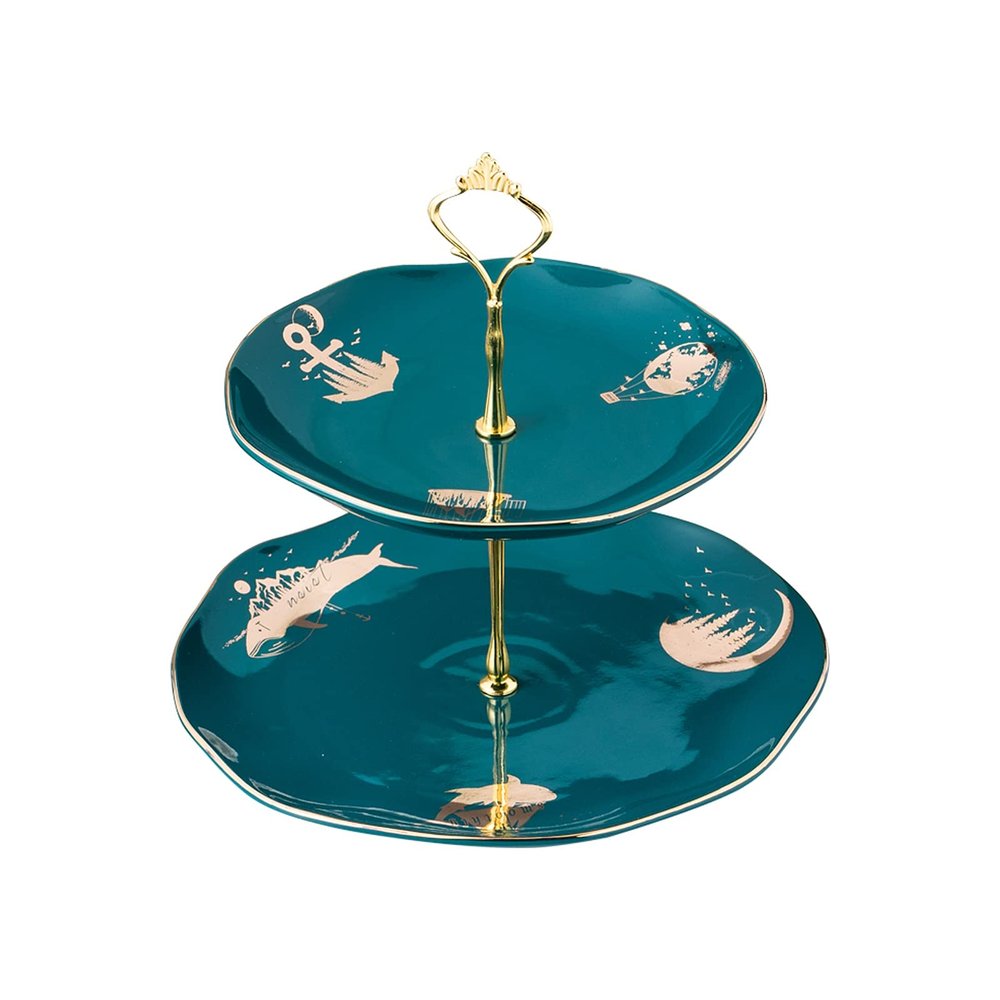 FURUIWUFENG Green Ceramic Double-Layer Cake Stand