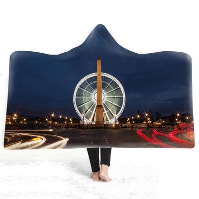 Hooded Blanket Throw, Paris France Eiffel Tower Architectural Landscape, Thick Double-Layer Plush, 3D Digital Print, 130 x 150 cm