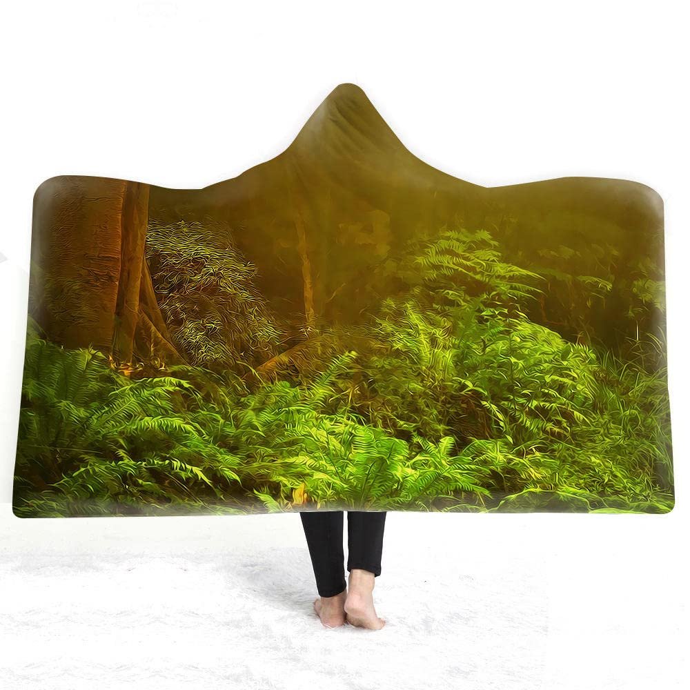 YUNHOME Hooded Blanket, Wearable Throw, 3D Digital Print, Psychedelic Forest Jungle Landscape, Thick Double Plush, 150 x 200 cm