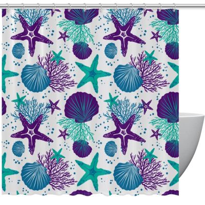 Purple Green Starfish, Shells and Coral Shower Curtain, 60 x 72 cm