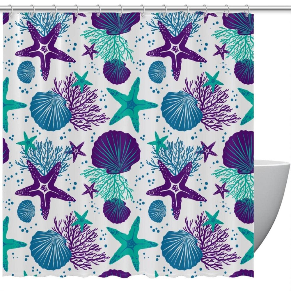 Purple Green Starfish, Shells and Coral Shower Curtain, 60 x 72 cm