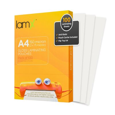 LamX Laminating Pouches, A4, 150 Micron, Static, Easy-Access Box, 100 Count
