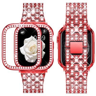 Supoix Compatible Apple Watch Band, 44 mm, Red, with Rhinestone Case and 2 Protective Cases