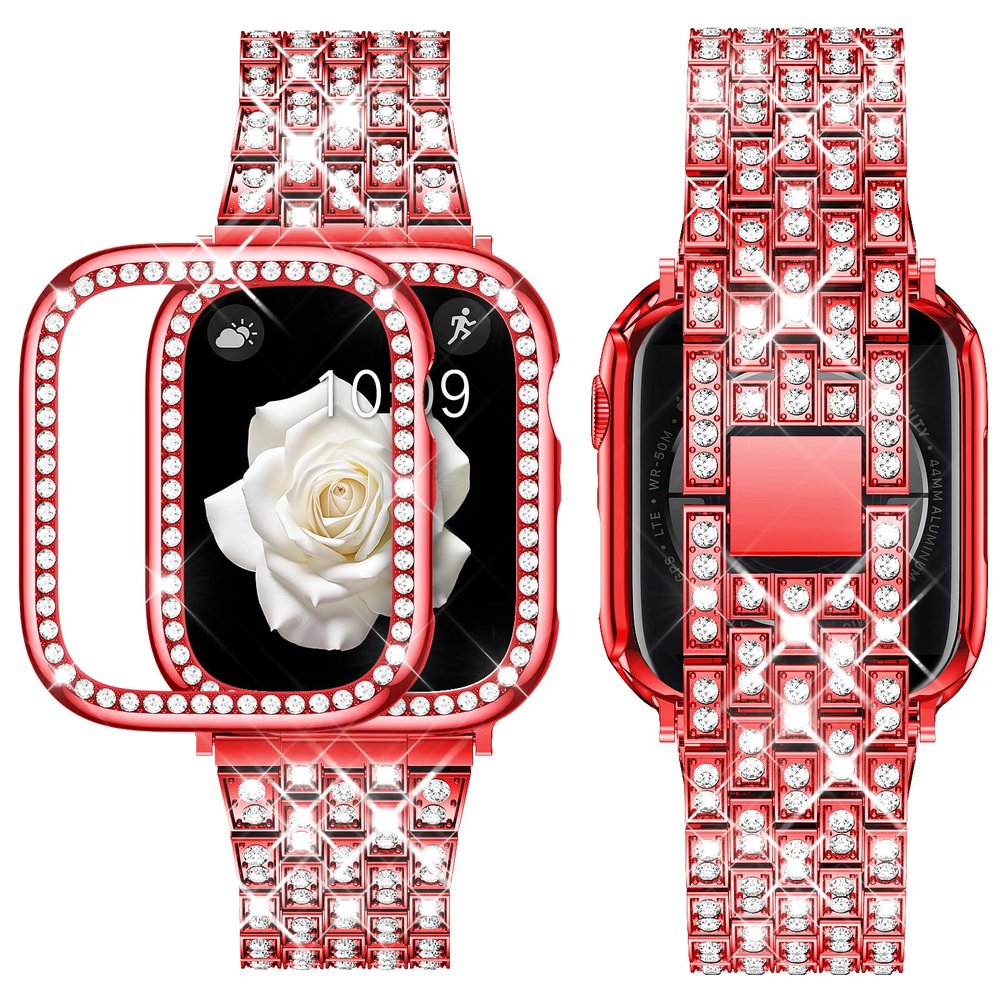 Supoix Compatible Apple Watch Band, 44 mm, Red, with Rhinestone Case and 2 Protective Cases