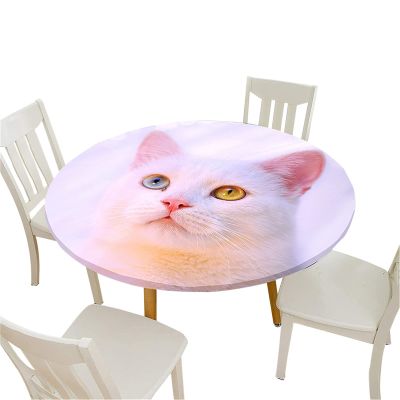 Morbuy Round Washable Tablecloth, 3D White Cat Print, Elastic, Waterproof, 90 cm