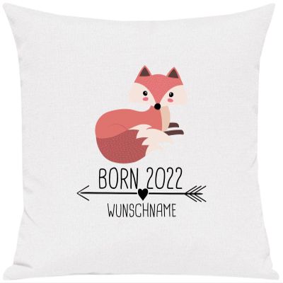 Kleckerliese Decorative Pillow Cover, Born 2022 Fox Design, Custom Name/Text, 40 x 40 cm, White