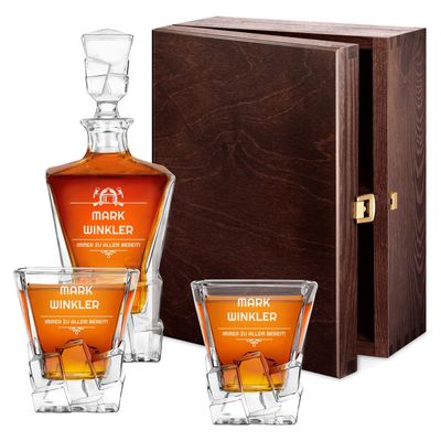 Maverton Ice Blink Whiskey Decanter + Set of 2 Engraved Whiskey Glasses