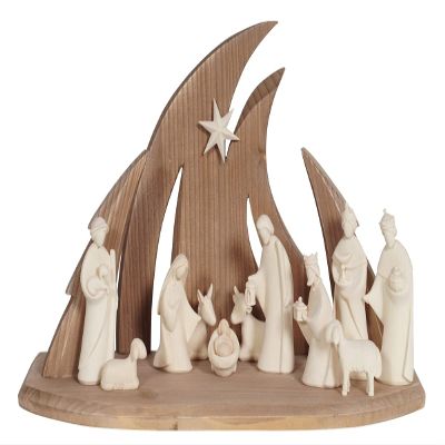 Modern Wooden Nativity Scene, Handmade in Gröden, Natural Version (Joseph Height: 8.5 cm)