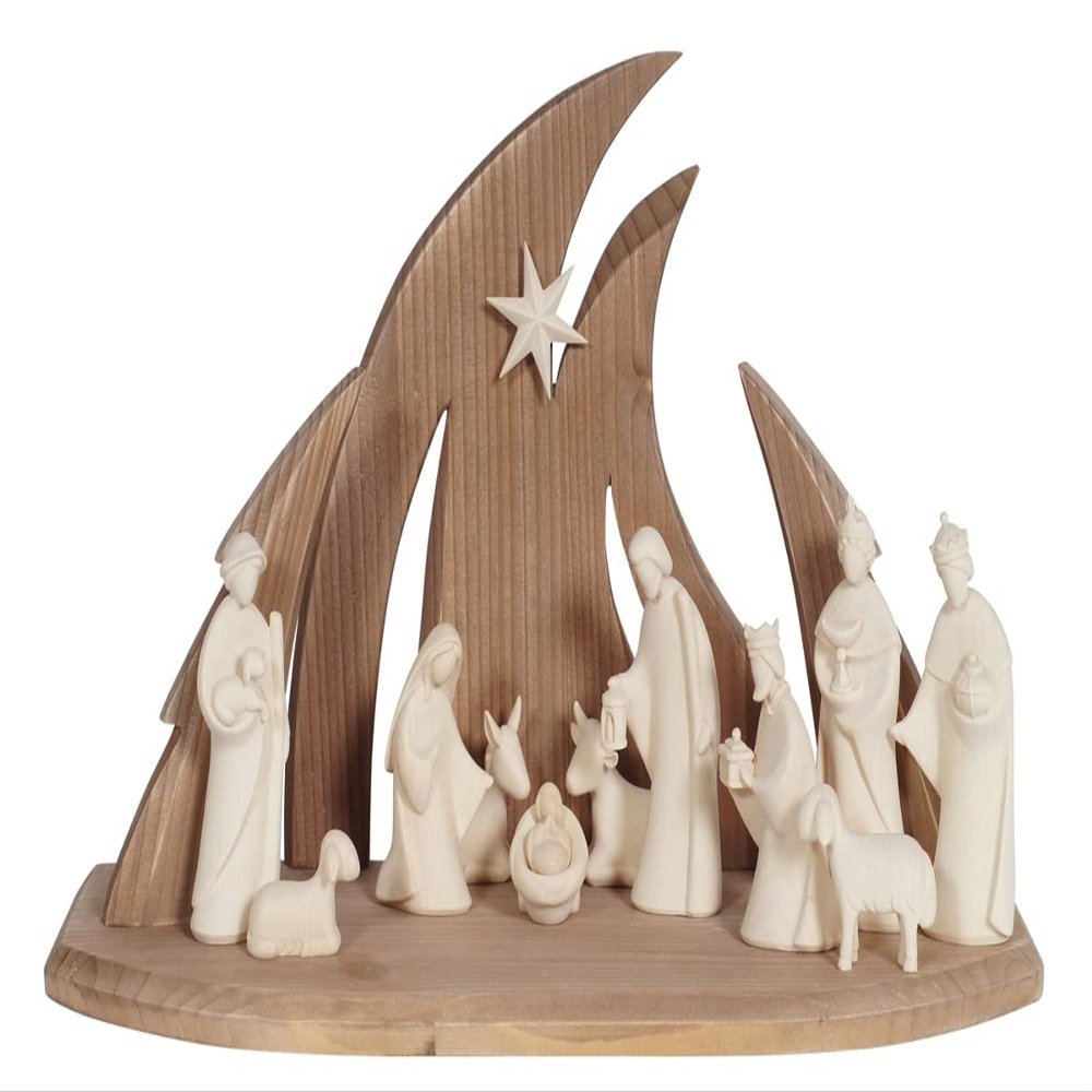 Modern Wooden Nativity Scene, Handmade in Gröden, Natural Version (Joseph Height: 8.5 cm)