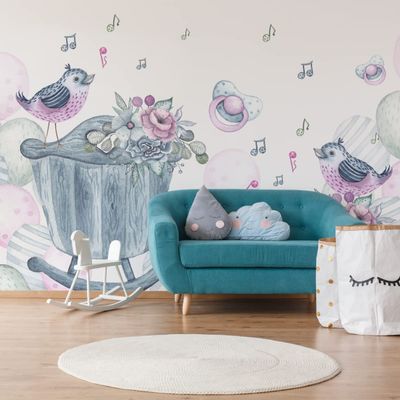 Muralo Non-Woven Photo Wallpaper, Illustrated Birds, Balloons, Flowers - 270 x 180 cm
