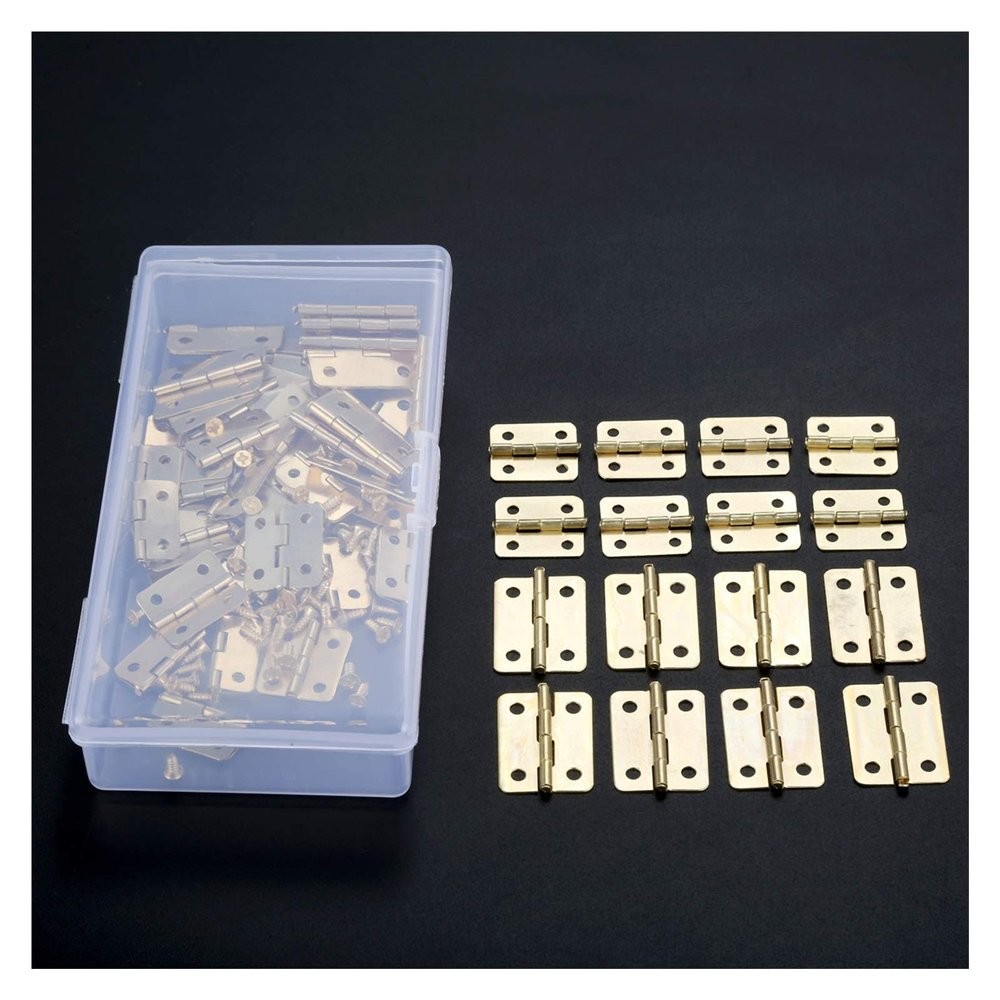 60-Piece Gold Metal Cabinet Hinges for Trunks, Jewelry and Wooden Boxes, 18 × 16 mm and 23 × 19 mm, with 240 Screws and Storage Box