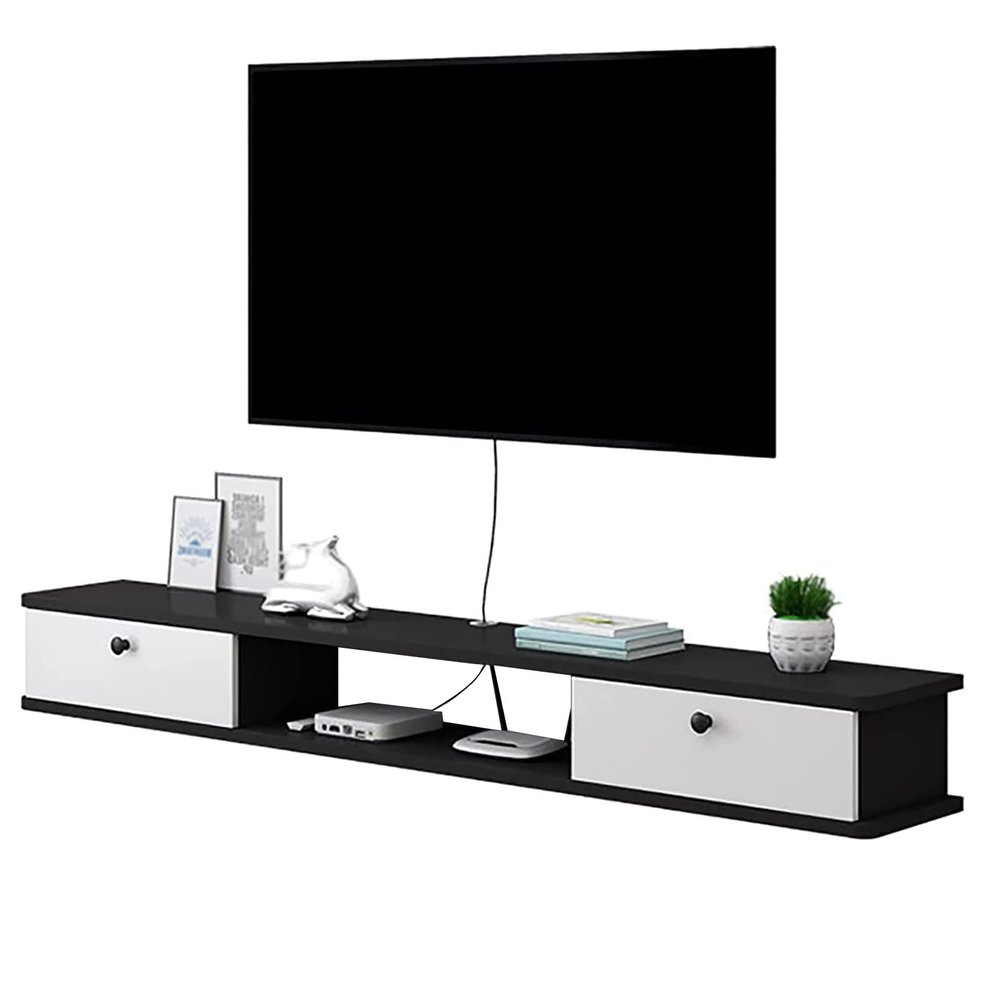 Wall-Mounted Floating TV Cabinet, Entertainment Center, Cable Box and Router Shelf, Black, 120 x 22 x 19 cm