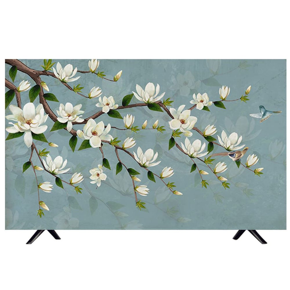 HJB 19–65 in Indoor TV Cover, Dustproof Linen-Cotton, Rustic Bird Tree Print, Size 37 in, Color 1
