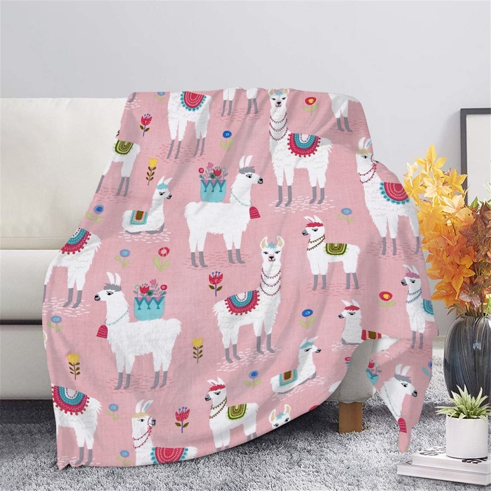 HUGSIDEA Llama Blanket, Cozy Plush Throw with Cartoon Alpaca Flowers, Baby Pink