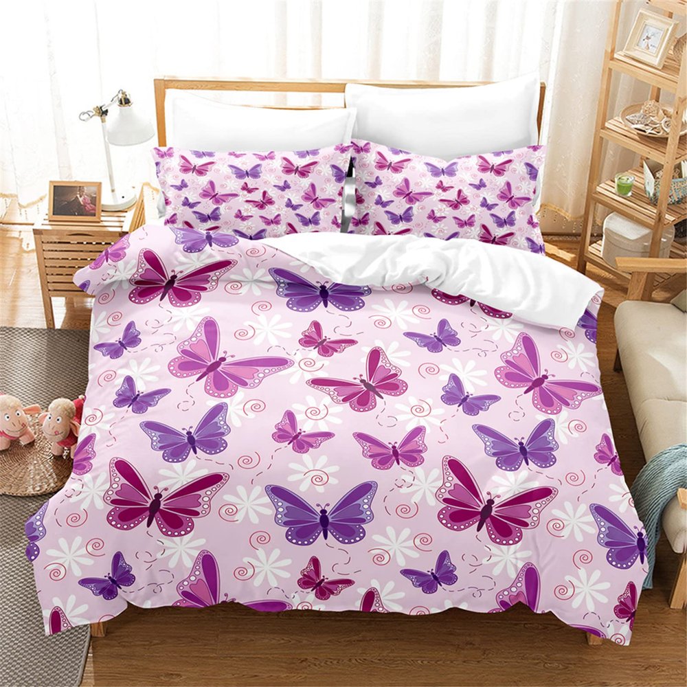 ENEN 2/3-Piece Microfiber Duvet Cover Set, 3D Butterfly Design, Zipper Closure, White Daisies, 180 x 200 cm