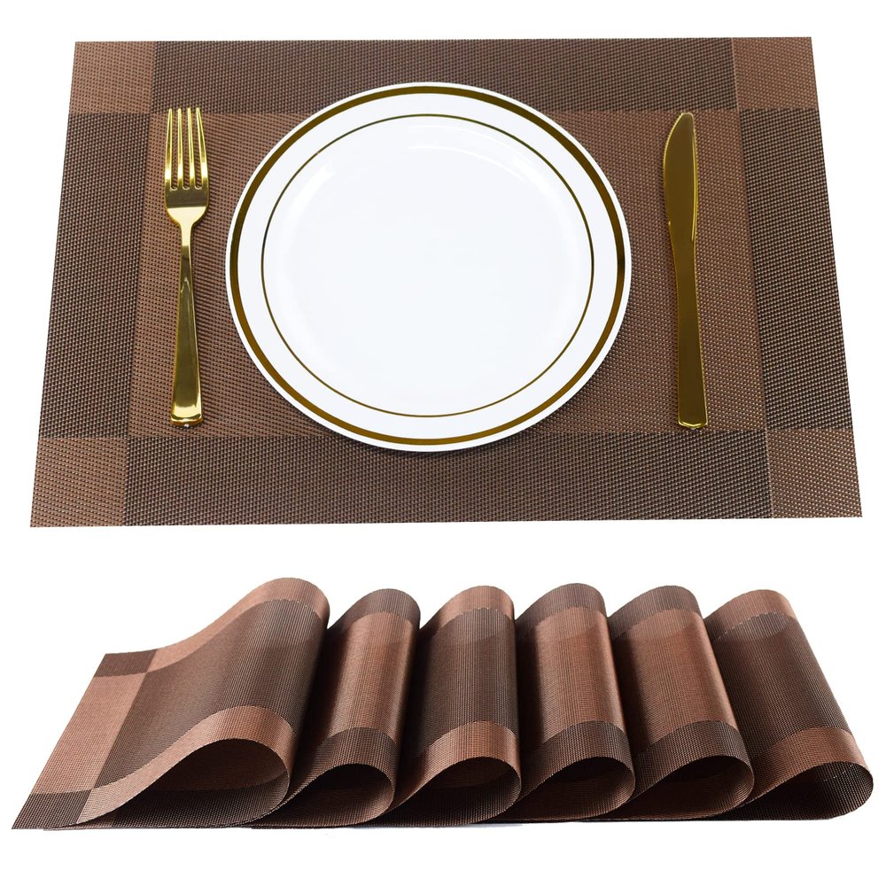 FGSAEOR Woven Vinyl Placemats, Brown, 6 Pieces